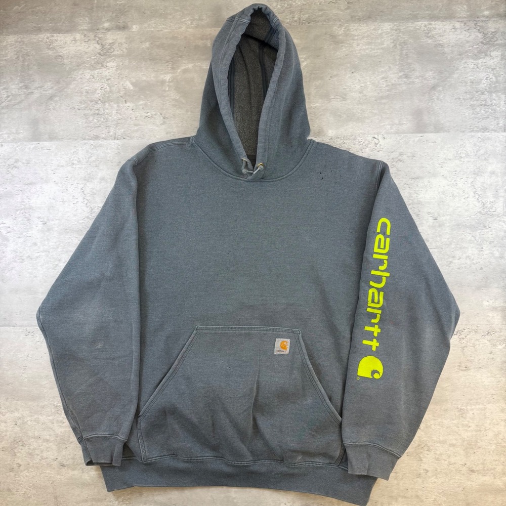 Carhartt Mens XL Gray Neon Yellow Logo Sleeve Hoodie Original Fit Sweatshirt